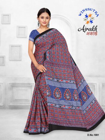 Women’s Ajrak Block Print Dola Silk Saree With Unstitched Blouse Piece (Ajrakh)
